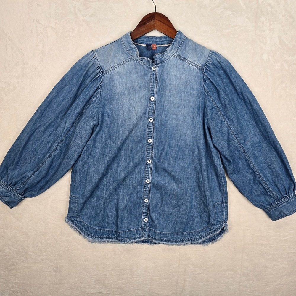 Pilcro Anthropologie Puff Sleeve Denim Blouse Light Wash Blue Size M